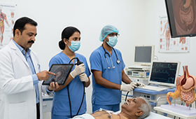 Doctor and old patient checking blood pressure